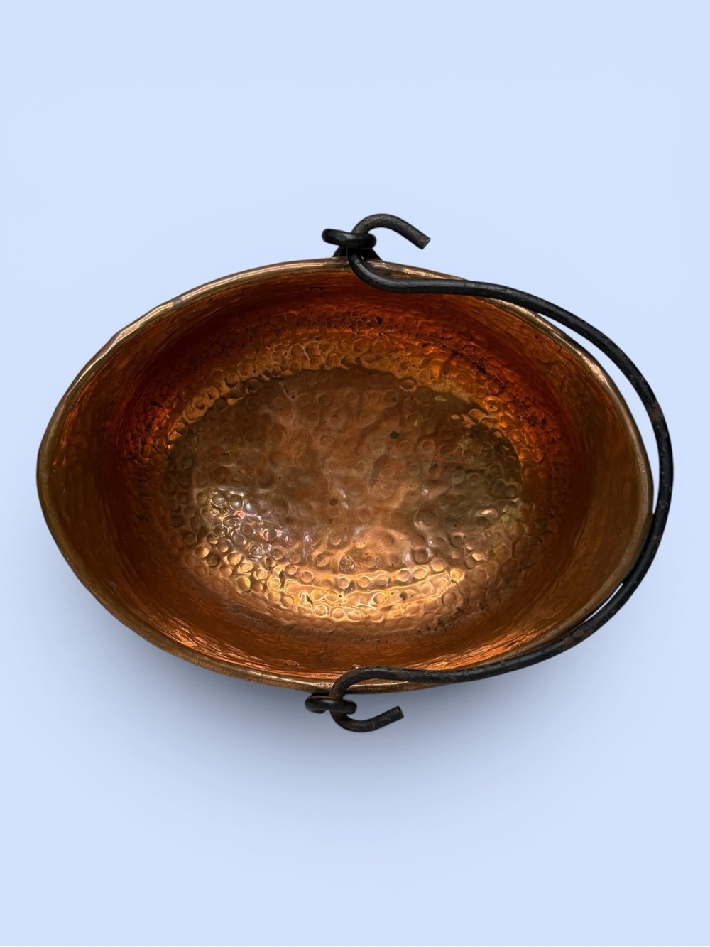 VTG Hand Hammered Copper Basket Wrought Iron Swing Handle Rustic Farmhouse - Picture 9 of 12